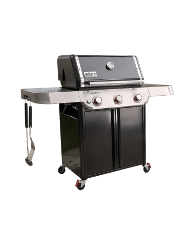 Barbacoa de gas Genesis E-315 Weber® vista lateral y utensilios